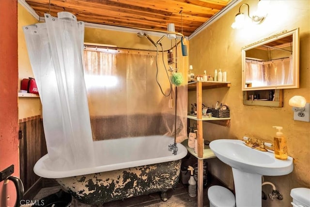 full bathroom featuring shower / tub combo, wood ceiling, and ornamental molding