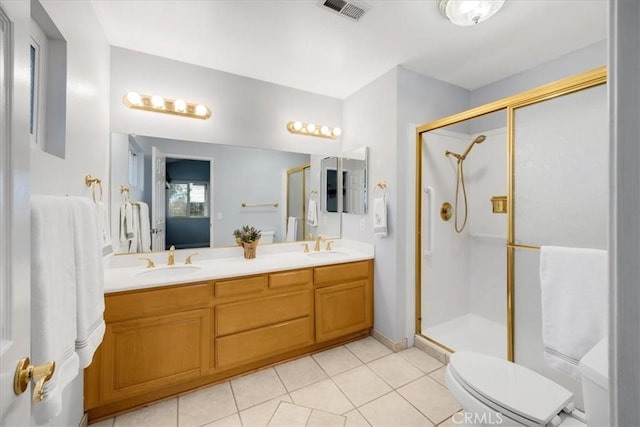 full bathroom with tile patterned floors, visible vents, toilet, a sink, and a shower stall