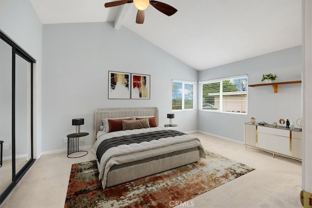 carpeted bedroom featuring ceiling fan, beam ceiling, baseboards, and high vaulted ceiling