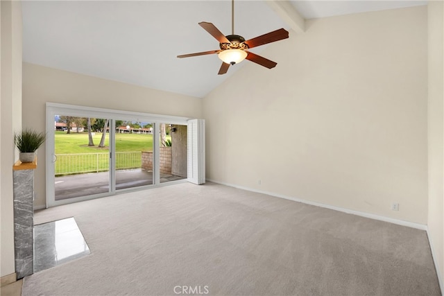 carpeted spare room with baseboards, ceiling fan, beam ceiling, and high vaulted ceiling