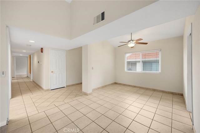 unfurnished room with visible vents, baseboards, recessed lighting, a ceiling fan, and light tile patterned floors