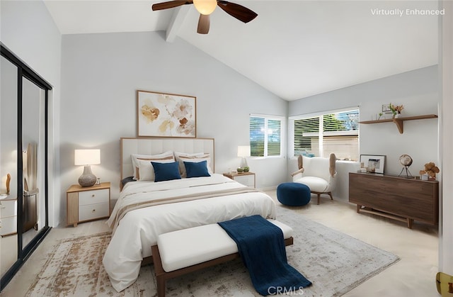 bedroom with vaulted ceiling with beams, a ceiling fan, and light colored carpet