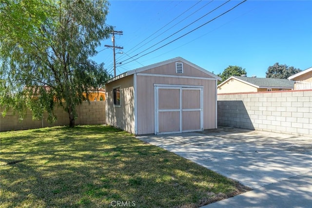 view of shed with a fenced backyard