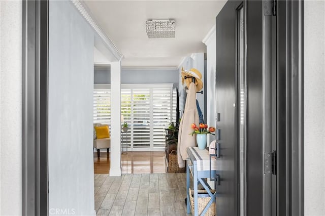 hallway featuring crown molding and wood finished floors