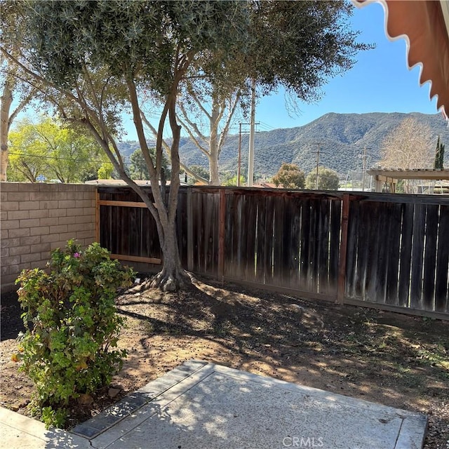 view of yard with a fenced backyard and a mountain view