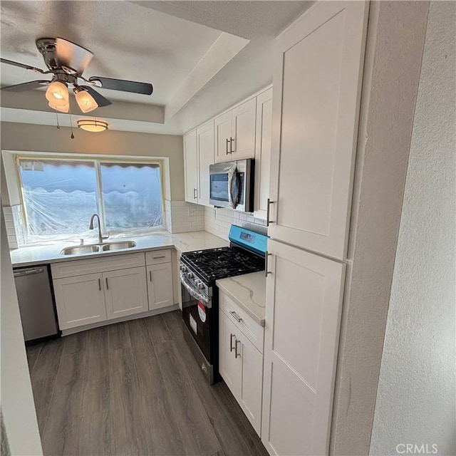 kitchen with tasteful backsplash, dark wood-type flooring, white cabinets, stainless steel appliances, and a sink