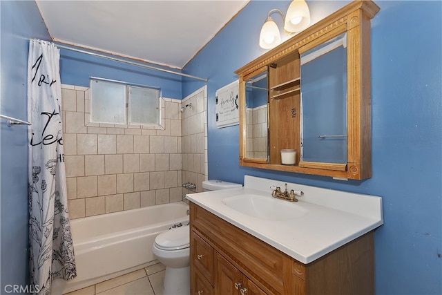 bathroom featuring tile patterned floors, shower / bathtub combination with curtain, toilet, and vanity