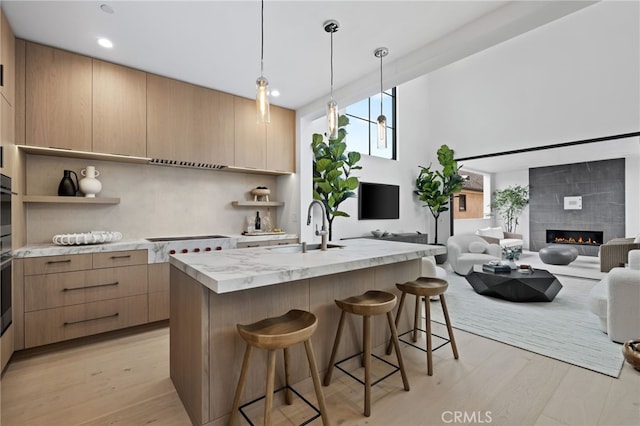 kitchen featuring open shelves, modern cabinets, open floor plan, and a sink