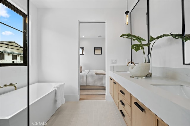 bathroom featuring a sink, connected bathroom, double vanity, and a freestanding tub