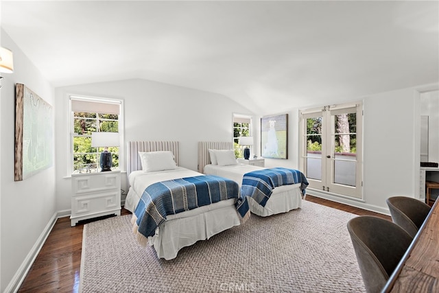 bedroom with french doors, lofted ceiling, dark wood-type flooring, and baseboards