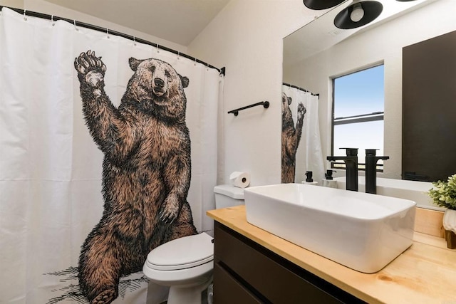 bathroom featuring curtained shower, toilet, and vanity