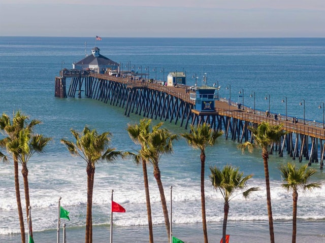 property view of water with a pier