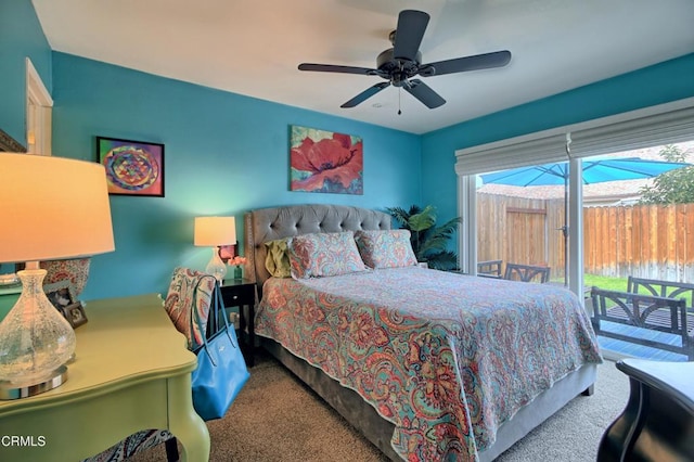 carpeted bedroom with access to exterior and ceiling fan