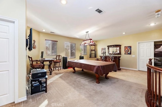 playroom with visible vents, baseboards, carpet, and pool table