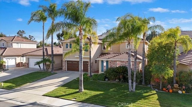 view of front facade with a residential view, stucco siding, concrete driveway, and a front yard