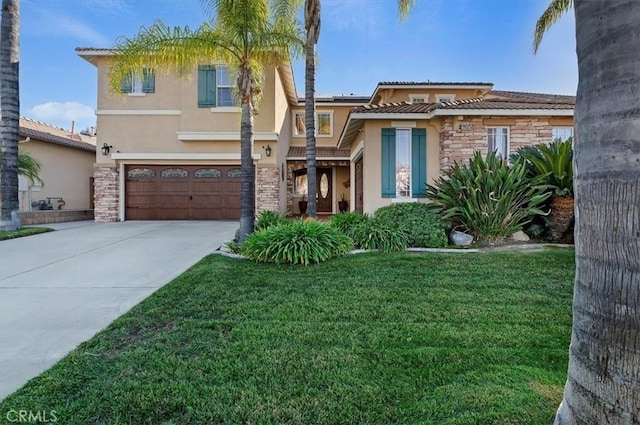 view of front of property featuring stone siding, stucco siding, concrete driveway, and a garage