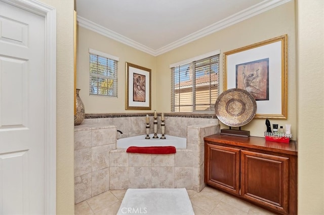 bathroom featuring tile patterned flooring, tile walls, and ornamental molding