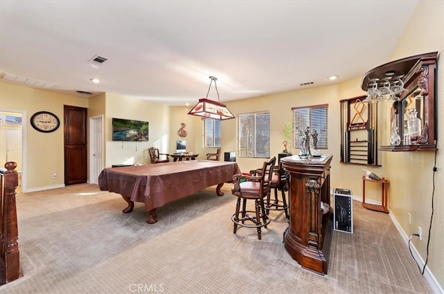 recreation room featuring light carpet, visible vents, pool table, and baseboards