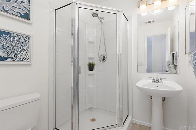 bathroom with visible vents, toilet, and a shower stall