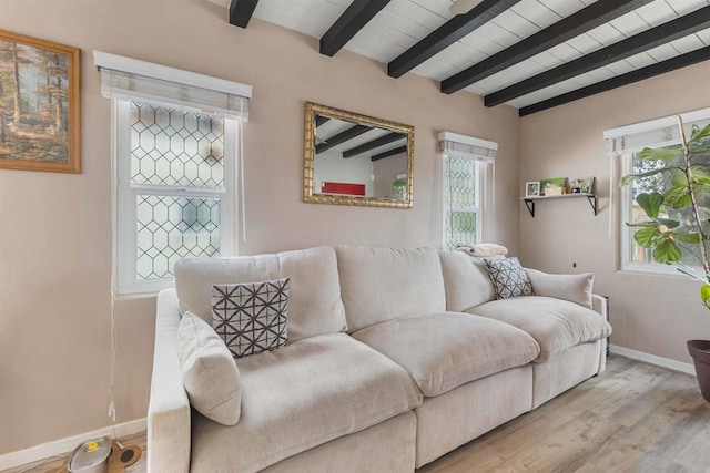 living area with baseboards, beam ceiling, and wood finished floors