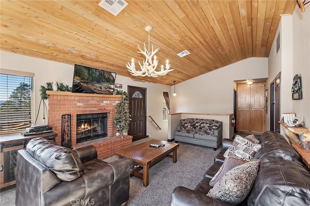 carpeted living room featuring lofted ceiling, a notable chandelier, wood ceiling, and visible vents