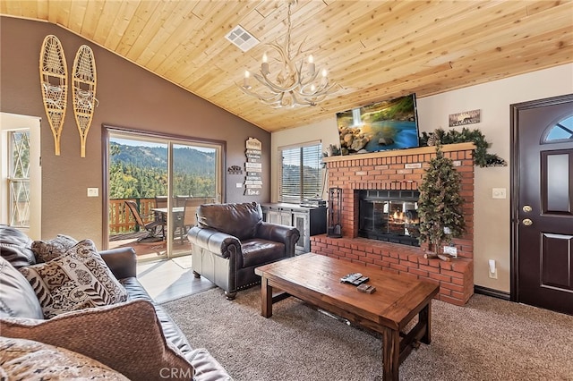 carpeted living area featuring visible vents, vaulted ceiling, wood ceiling, a brick fireplace, and a chandelier