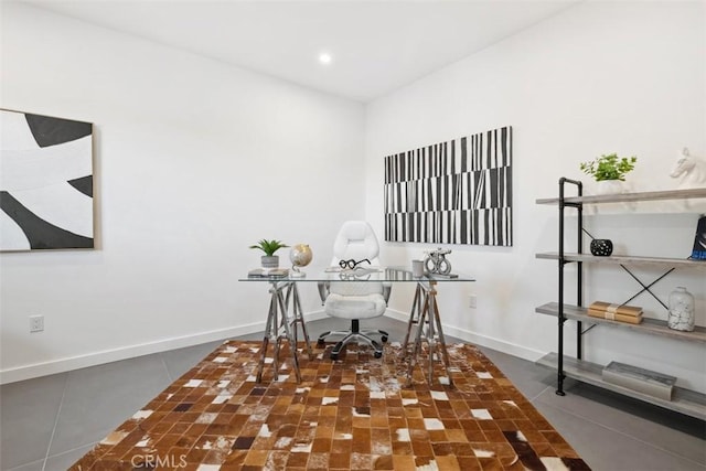 tiled office with recessed lighting and baseboards