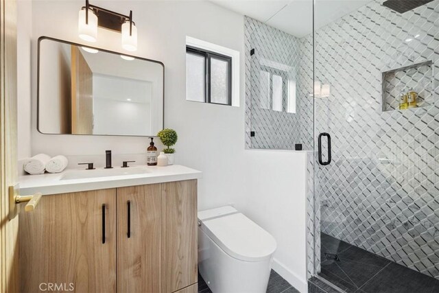 5221 Campo Rd, Woodland Hills, CA 91364 - full bathroom featuring a stall shower, vanity, and toilet