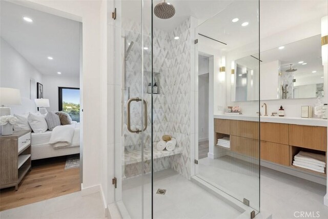 5221 Campo Rd, Woodland Hills, CA 91364 - bathroom featuring a shower stall, recessed lighting, vanity, and connected bathroom