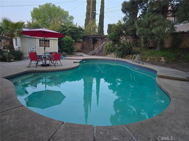 view of swimming pool featuring a fenced in pool, a fenced backyard, and a patio