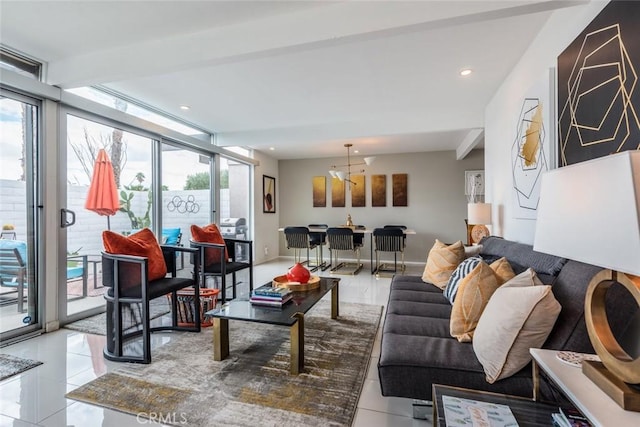 living room with tile patterned floors, beamed ceiling, recessed lighting, and baseboards