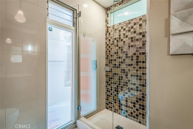 bathroom with toilet and a shower stall