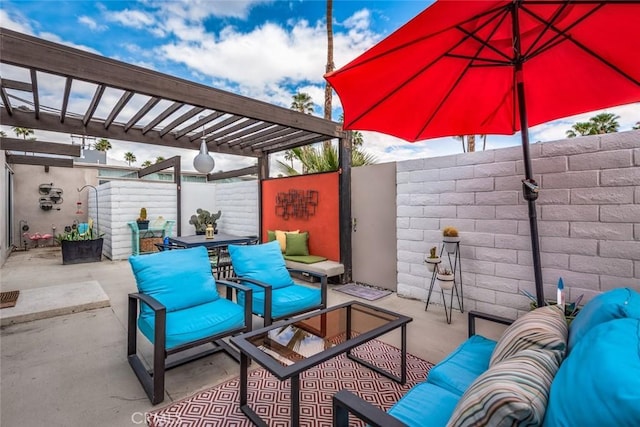 view of patio featuring an outdoor living space, a pergola, and fence