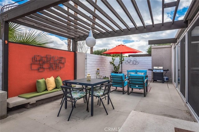 view of patio with a pergola, fence, a grill, outdoor lounge area, and outdoor dining area