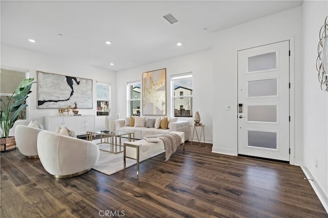 392 Baluster, Irvine, CA 92618 - living area featuring visible vents, recessed lighting, baseboards, and dark wood-style flooring