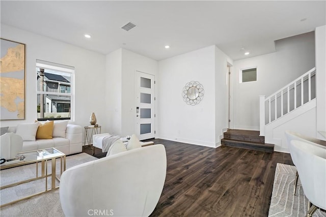 392 Baluster, Irvine, CA 92618 - living room with wood finished floors, visible vents, baseboards, recessed lighting, and stairs