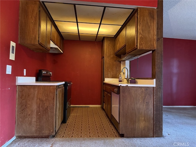 kitchen featuring dishwashing machine, range with electric stovetop, light countertops, and baseboards