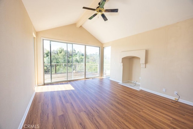 unfurnished living room with baseboards, ceiling fan, beam ceiling, wood finished floors, and high vaulted ceiling