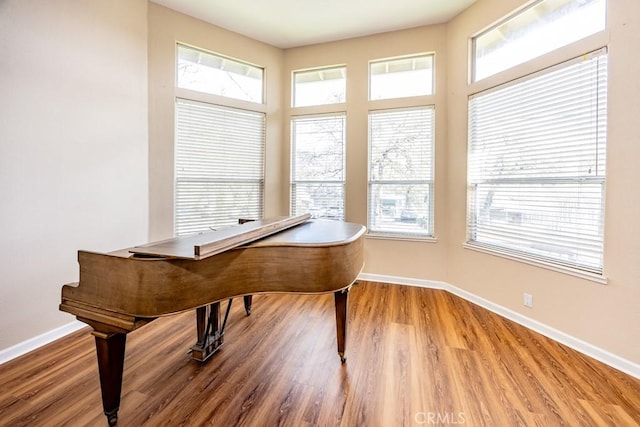 unfurnished room featuring wood finished floors, a healthy amount of sunlight, and baseboards