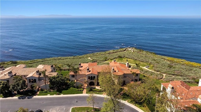 birds eye view of property with a residential view and a water view