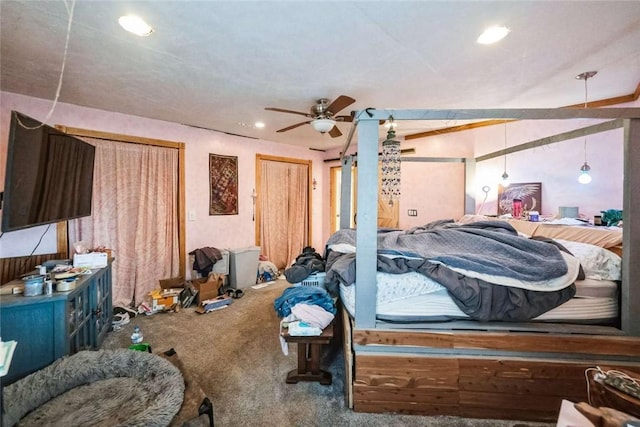 carpeted bedroom featuring recessed lighting and ceiling fan