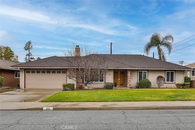 single story home featuring concrete driveway, an attached garage, a front lawn, and stucco siding