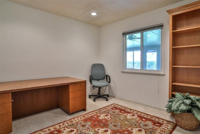 office area featuring recessed lighting, light colored carpet, and baseboards