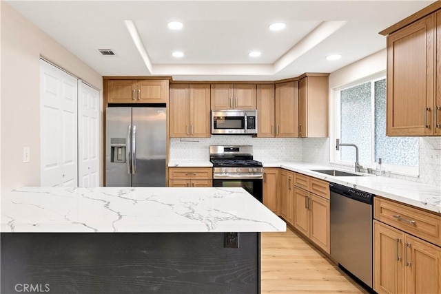 kitchen with visible vents, light stone countertops, stainless steel appliances, a raised ceiling, and a sink