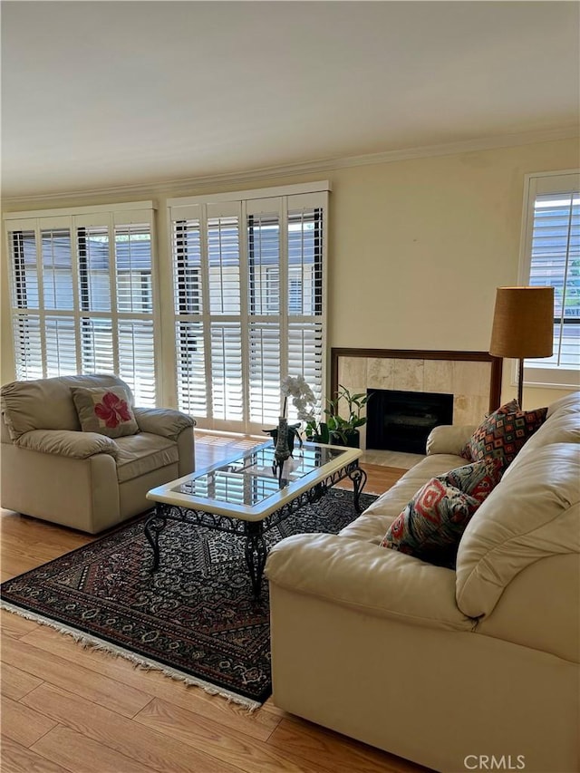 living area featuring wood finished floors, crown molding, and a tiled fireplace