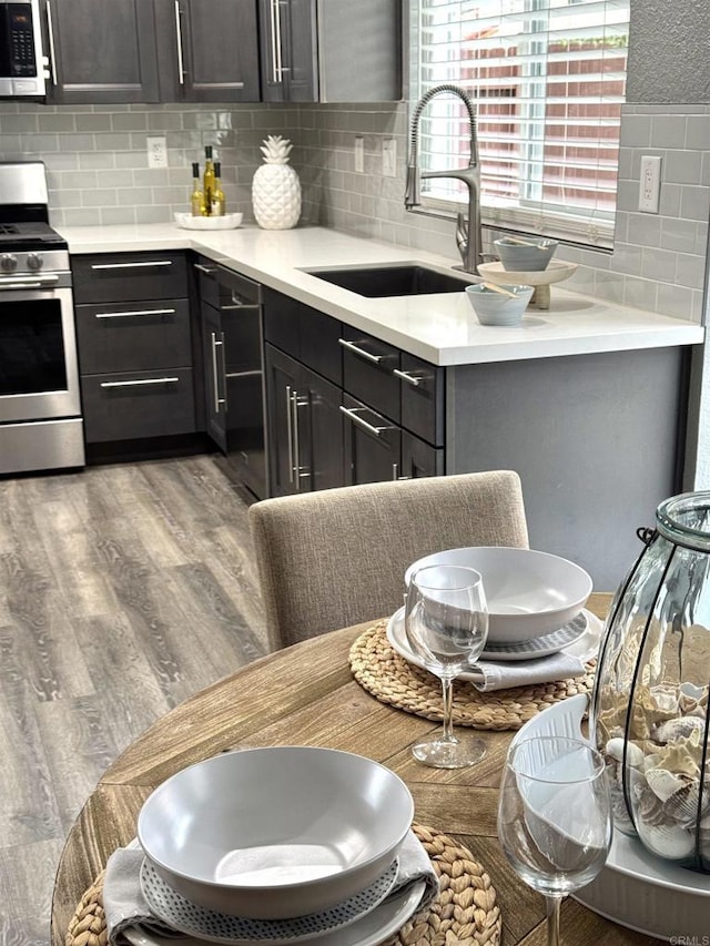 kitchen with a sink, backsplash, wood finished floors, appliances with stainless steel finishes, and light countertops