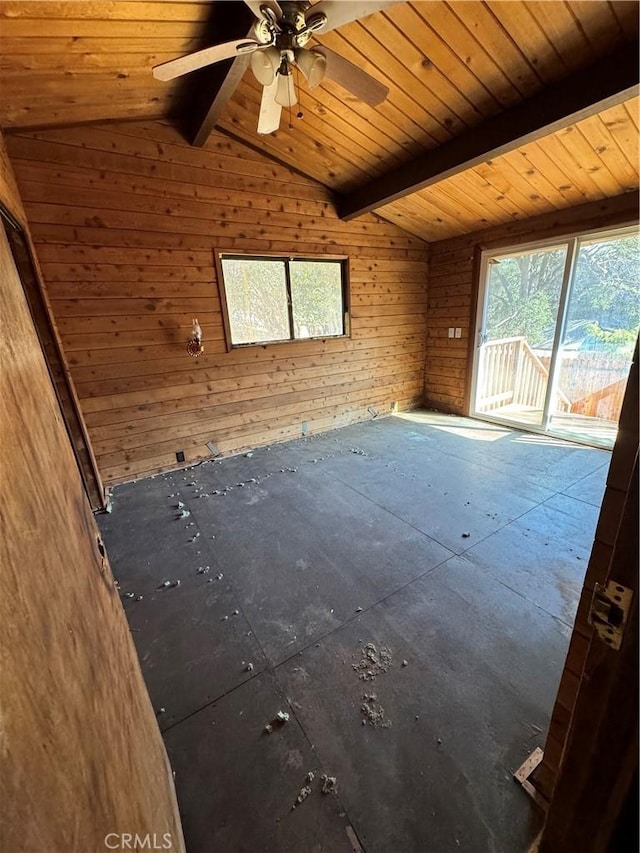 spare room featuring lofted ceiling with beams, wooden walls, wood ceiling, and ceiling fan