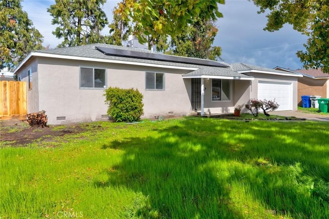 view of front of house featuring a front yard, stucco siding, a garage, and crawl space