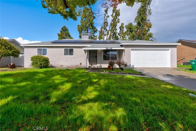 single story home featuring stucco siding, an attached garage, and driveway