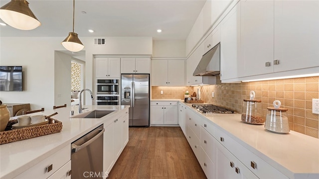 kitchen featuring visible vents, under cabinet range hood, a sink, stainless steel appliances, and decorative backsplash